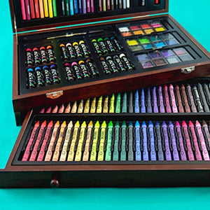 Art 101 Doodle and Color 142 Pc Art Set in a Wood Carrying Case, Includes 24 Premium Colored Pencils, A variety of coloring and painting mediums: crayons, oil pastels, watercolors; Portable Art Studio