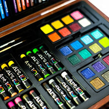 Load image into Gallery viewer, Art 101 Doodle and Color 142 Pc Art Set in a Wood Carrying Case, Includes 24 Premium Colored Pencils, A variety of coloring and painting mediums: crayons, oil pastels, watercolors; Portable Art Studio