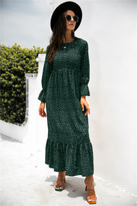 Autumn Printed Polka Dot Smocking Long Sleeve Dress Long Dress