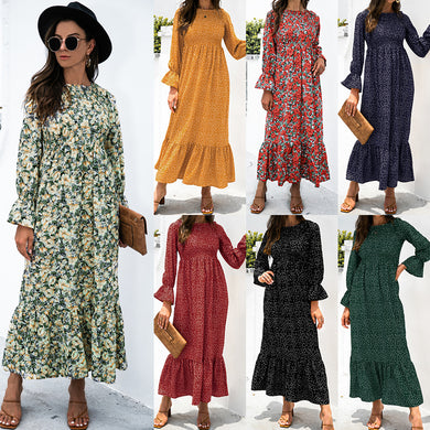 Autumn Printed Polka Dot Smocking Long Sleeve Dress Long Dress