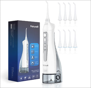 Fairywill 5020E Water flosser Professional Cordless Dental Oral Irrigator with 300ML Water Tank 3 Modes 8 Jet Tips