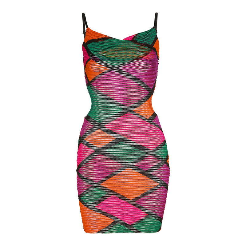 Summer New Fishnet Clothes Fashion Suspenders Backless Hollow Sexy Sheath Dress