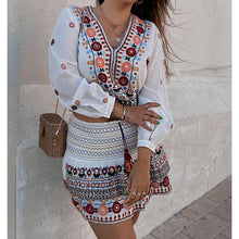 Load image into Gallery viewer, White V Neck Print Shirt Suit High Waisted Elastic A-Line Skirt Set