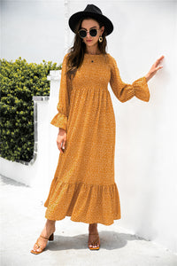 Autumn Printed Polka Dot Smocking Long Sleeve Dress Long Dress