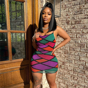 Summer New Fishnet Clothes Fashion Suspenders Backless Hollow Sexy Sheath Dress