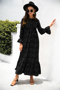 Autumn Printed Polka Dot Smocking Long Sleeve Dress Long Dress