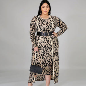 Casual Leopard Print Long Sleeve Jacket Vest Dress