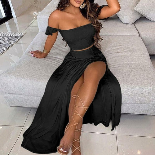 Long Dress Sets Off Shoulder Tops And Split Skirt Suit