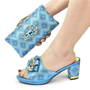 European And American Shoes And Bags Set Solid Color Rhinestone Sandals With Clutch