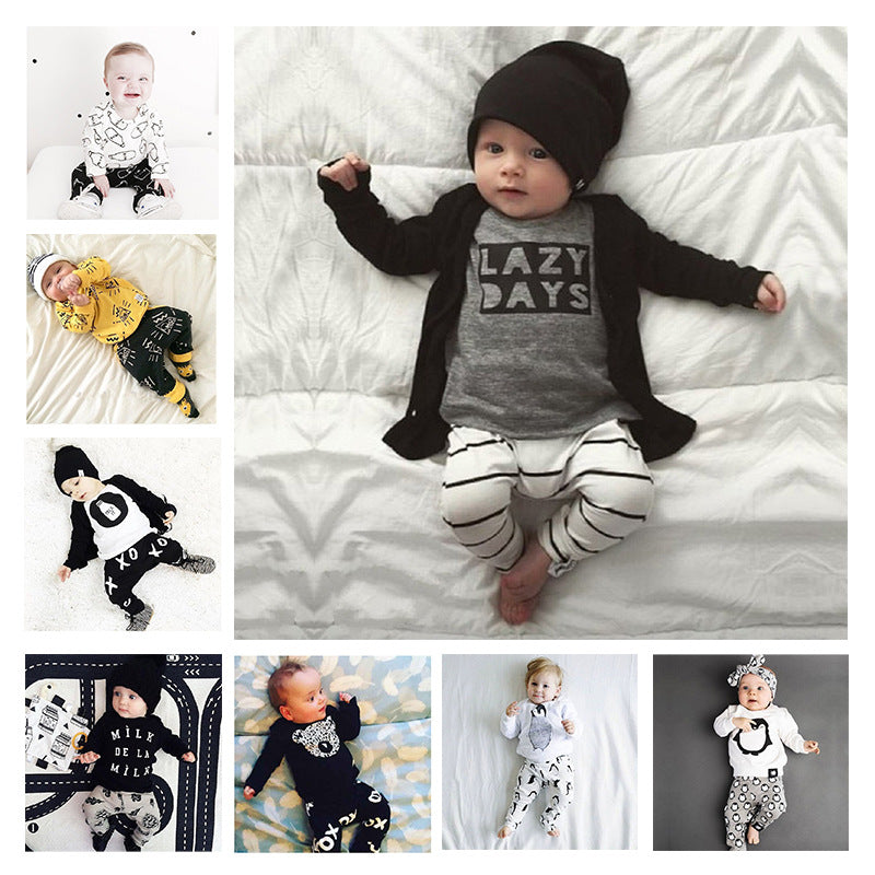 A generation of foreign trade INS explosion models Europe and the United States baby clothes spring and autumn long-sleeved T-shirt letter print stripe suit