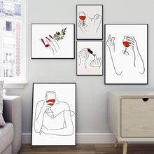 Load image into Gallery viewer, Wine Glass and Woman Holding Floral Poster Wall Art Modern Lines Red Lips Fashion Women Wine Canvas Painting Nordic Kitchen Deco