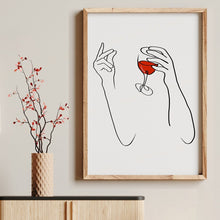 Load image into Gallery viewer, Wine Glass and Woman Holding Floral Poster Wall Art Modern Lines Red Lips Fashion Women Wine Canvas Painting Nordic Kitchen Deco