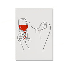 Load image into Gallery viewer, Wine Glass and Woman Holding Floral Poster Wall Art Modern Lines Red Lips Fashion Women Wine Canvas Painting Nordic Kitchen Deco