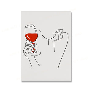 Wine Glass and Woman Holding Floral Poster Wall Art Modern Lines Red Lips Fashion Women Wine Canvas Painting Nordic Kitchen Deco