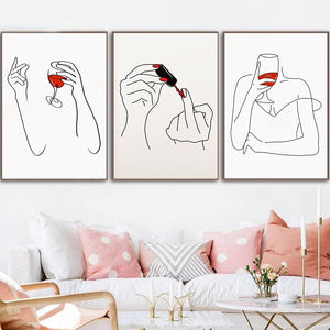 Wine Glass and Woman Holding Floral Poster Wall Art Modern Lines Red Lips Fashion Women Wine Canvas Painting Nordic Kitchen Deco