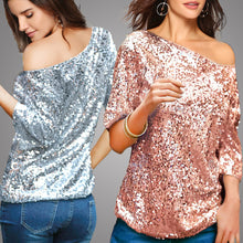 Load image into Gallery viewer, Autumn new sleeves T-shirt female solid color sequins slanting shoulders in the sleeves loose bottoming shirt Wish sizzling explosion models