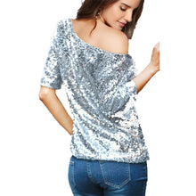 Load image into Gallery viewer, Autumn new sleeves T-shirt female solid color sequins slanting shoulders in the sleeves loose bottoming shirt Wish sizzling explosion models
