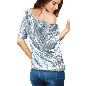Autumn new sleeves T-shirt female solid color sequins slanting shoulders in the sleeves loose bottoming shirt Wish sizzling explosion models