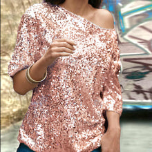 Load image into Gallery viewer, Autumn new sleeves T-shirt female solid color sequins slanting shoulders in the sleeves loose bottoming shirt Wish sizzling explosion models