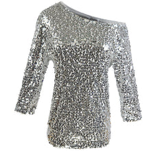 Load image into Gallery viewer, Autumn new sleeves T-shirt female solid color sequins slanting shoulders in the sleeves loose bottoming shirt Wish sizzling explosion models