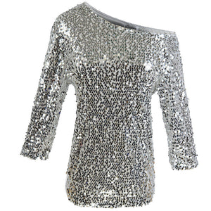 Autumn new sleeves T-shirt female solid color sequins slanting shoulders in the sleeves loose bottoming shirt Wish sizzling explosion models