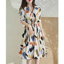 Load image into Gallery viewer, French Graffiti Print Bohemian Women Casual Dress Floral Turn Collar Elastic Waist Knee-Length Vestido Feminino 2022 Summer New