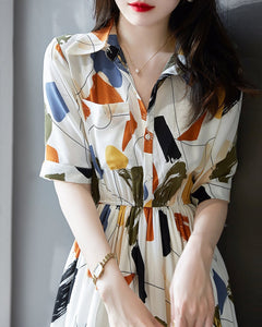 French Graffiti Print Bohemian Women Casual Dress Floral Turn Collar Elastic Waist Knee-Length Vestido Feminino 2022 Summer New