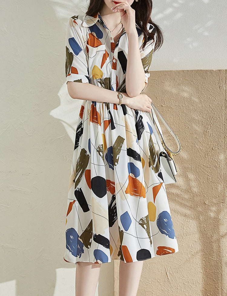French Graffiti Print Bohemian Women Casual Dress Floral Turn Collar Elastic Waist Knee-Length Vestido Feminino 2022 Summer New