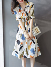 Load image into Gallery viewer, French Graffiti Print Bohemian Women Casual Dress Floral Turn Collar Elastic Waist Knee-Length Vestido Feminino 2022 Summer New