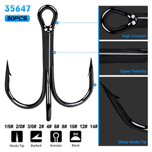 50Pcs/lot  Fishing Treble Hook Size 2/4/6/8/10/12/14 High Carbon Steel Sharp Barbed Black/Brown/White