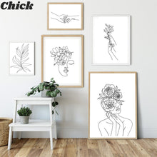 Load image into Gallery viewer, Wall Art Line Drawing Girl Print Minimalist Simple Fashion Poster Women Flower Leaf Body Sketch Black White Canvas Painting