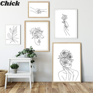 Wall Art Line Drawing Girl Print Minimalist Simple Fashion Poster Women Flower Leaf Body Sketch Black White Canvas Painting