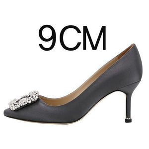 New Shallow Mouth High Heels Female Pointed Square Buckle Rhinestone Stiletto Spring and Autumn Single Shoes Wedding Shoes 1