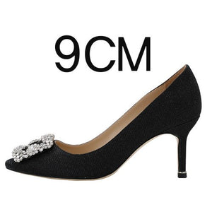 New Shallow Mouth High Heels Female Pointed Square Buckle Rhinestone Stiletto Spring and Autumn Single Shoes Wedding Shoes 1