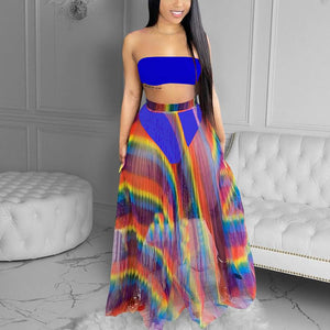 Two Piece Summer Beach Suits Tube Top & See Through Maxi Skirt Set