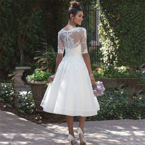 Short 2021 Wedding Dress White For women  Vestido De Noiva Sheer Scoop Half Sleeve Knee Length Short Wedding Dress Cheap