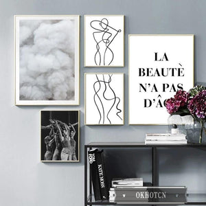 Nordic Fashion White Cotton Dance Girls Canvas Painting Abstract Woman Line Drawing Posters and Prints Wall Art Pictures