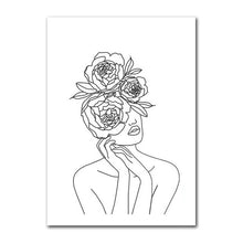Load image into Gallery viewer, Wall Art Line Drawing Girl Print Minimalist Simple Fashion Poster Women Flower Leaf Body Sketch Black White Canvas Painting