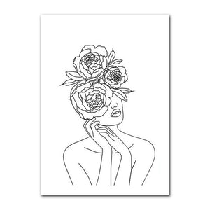 Wall Art Line Drawing Girl Print Minimalist Simple Fashion Poster Women Flower Leaf Body Sketch Black White Canvas Painting