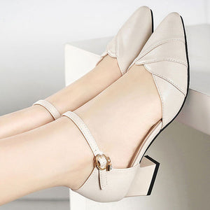 Soft Leather Med Heels Pumps Women Shoes Summer Shoes Women Fashion Pointed Toe Buckle Strap Square Heel Sandals Women