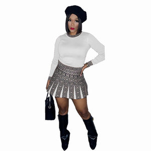 Spring Summer Two Piece Set Women Fashion Round Neck Long-sleeved Tshirt Labyrinth Print Short Skirt Suit Casual Two Piece Set W
