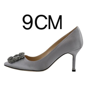 New Shallow Mouth High Heels Female Pointed Square Buckle Rhinestone Stiletto Spring and Autumn Single Shoes Wedding Shoes 1