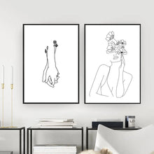 Load image into Gallery viewer, Minimalist Simple Line Drawing Girl Fashion Poster Women Flower Leaf Hand Canvas Painting Wall Art Pictures for Living Room