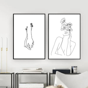 Minimalist Simple Line Drawing Girl Fashion Poster Women Flower Leaf Hand Canvas Painting Wall Art Pictures for Living Room