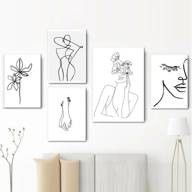 Minimalist Simple Line Drawing Girl Fashion Poster Women Flower Leaf Hand Canvas Painting Wall Art Pictures for Living Room