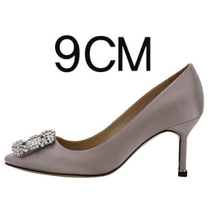 New Shallow Mouth High Heels Female Pointed Square Buckle Rhinestone Stiletto Spring and Autumn Single Shoes Wedding Shoes 1