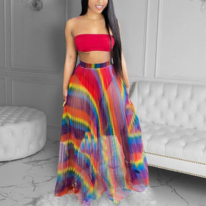 Two Piece Summer Beach Suits Tube Top & See Through Maxi Skirt Set