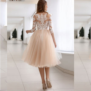 Champagne Tea-Length Wedding Dresses For Women Short Lace Appliques Bride Gowns Custom Made  illusion Tulle Princess  Dresses