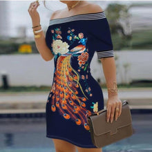 Load image into Gallery viewer, Women Elegant Peacock Print Off Shoulder Dress Sexy One Word Collar Short Sleeve Party Dress Office Lady Plus Size Mini Dresses