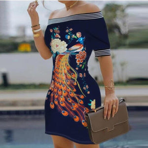 Women Elegant Peacock Print Off Shoulder Dress Sexy One Word Collar Short Sleeve Party Dress Office Lady Plus Size Mini Dresses